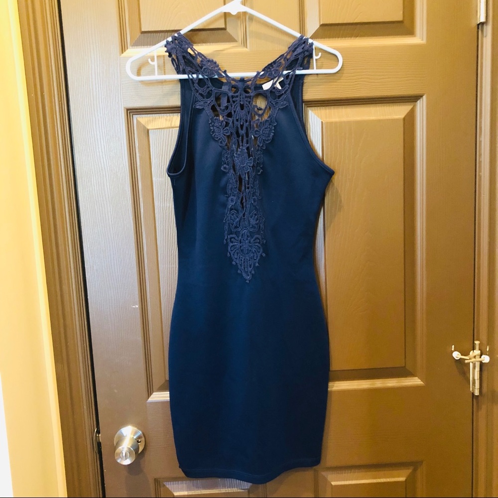 Blue crochet front bodycon dress plunging neckline